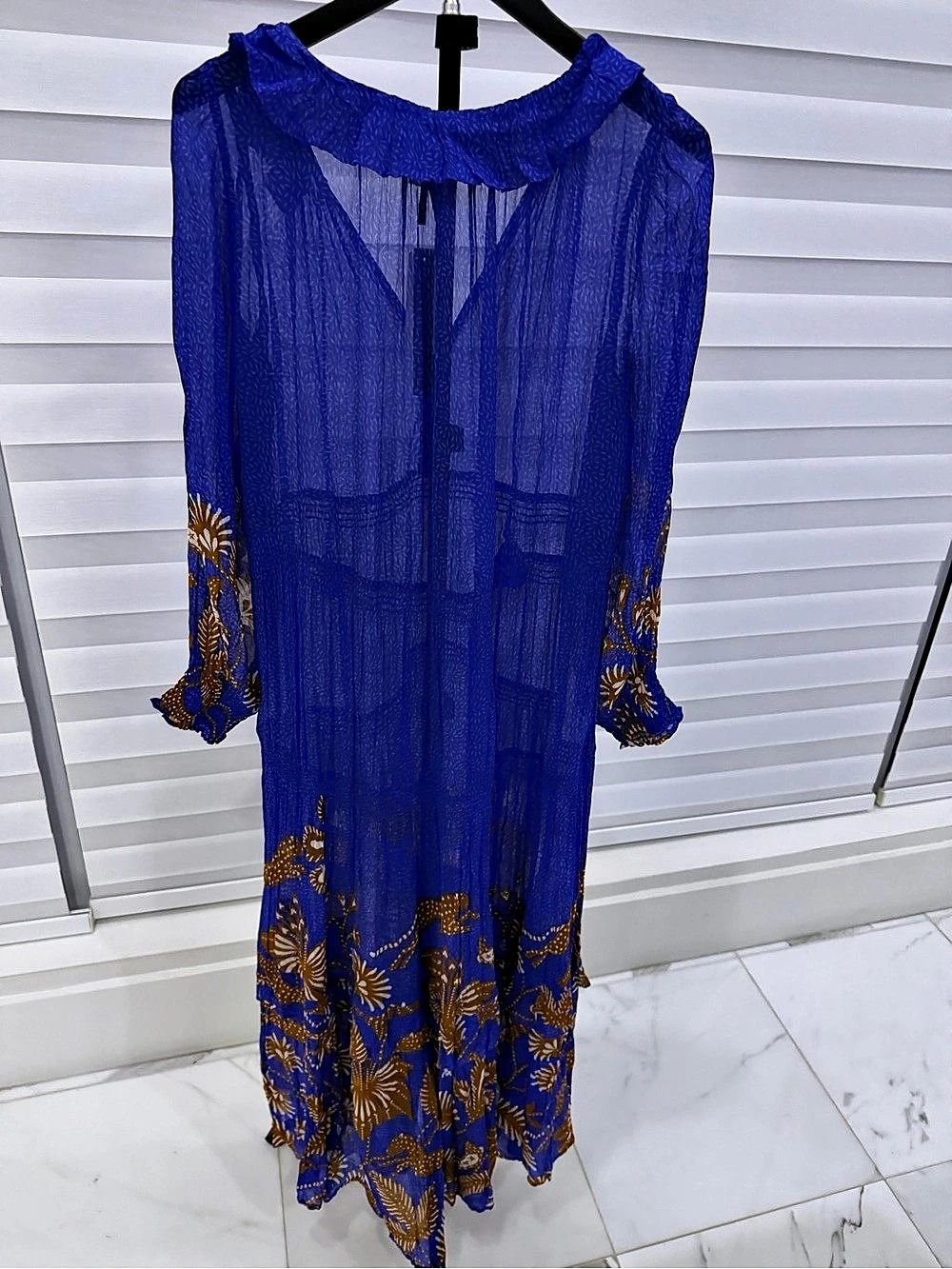 • Anthropologie Marais Printed Sheer Maxi Dress Blue Gold Floral Long Sleeve - Picture 3 of 10
